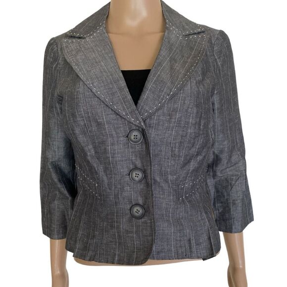 Candie’s Silver Grey White Stripe Long Sleeve Linen Cotton Blend Blazer Jacket M - Picture 1 of 13